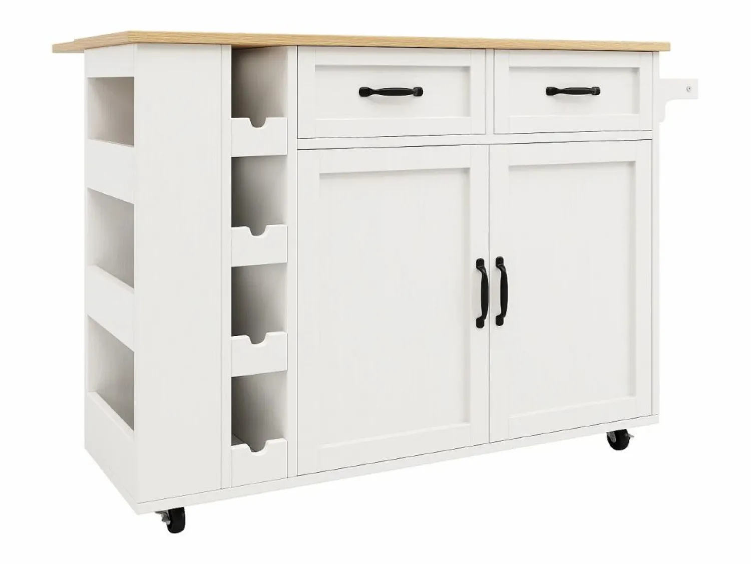 New Merax Isla de cocina móvil con 2 puertas, 2 cajones y 4 botelleros - Tablero extensible - 131,5x43(76)x90,7cm - MDF - y natural Blanco