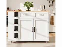 New Merax Isla de cocina móvil con 2 puertas, 2 cajones y 4 botelleros - Tablero extensible - 131,5x43(76)x90,7cm - MDF - y natural Blanco