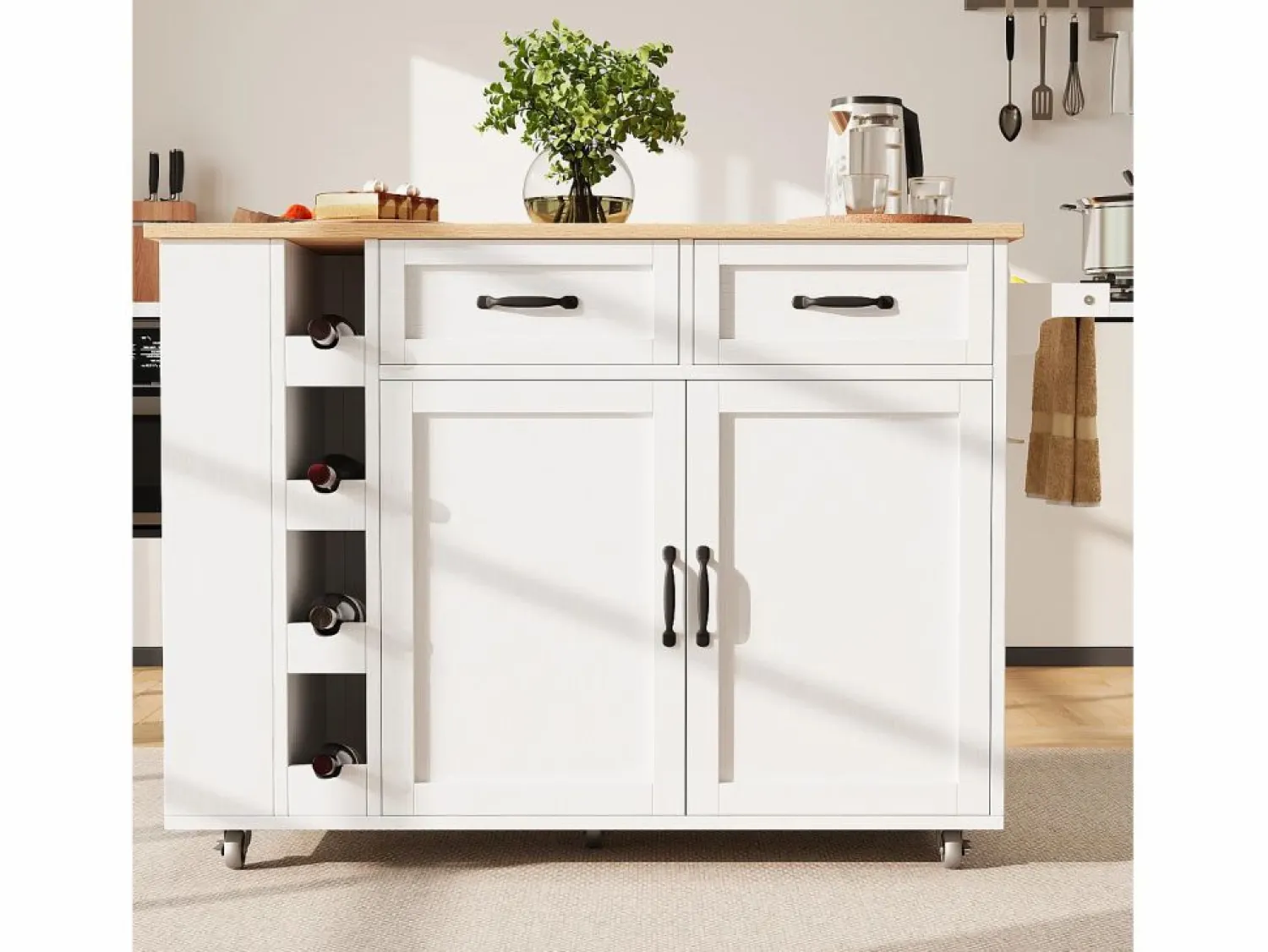 New Merax Isla de cocina móvil con 2 puertas, 2 cajones y 4 botelleros - Tablero extensible - 131,5x43(76)x90,7cm - MDF - y natural Blanco