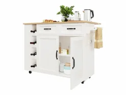 New Merax Isla de cocina móvil con 2 puertas, 2 cajones y 4 botelleros - Tablero extensible - 131,5x43(76)x90,7cm - MDF - y natural Blanco