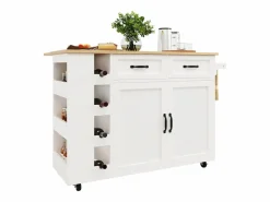 New Merax Isla de cocina móvil con 2 puertas, 2 cajones y 4 botelleros - Tablero extensible - 131,5x43(76)x90,7cm - MDF - y natural Blanco