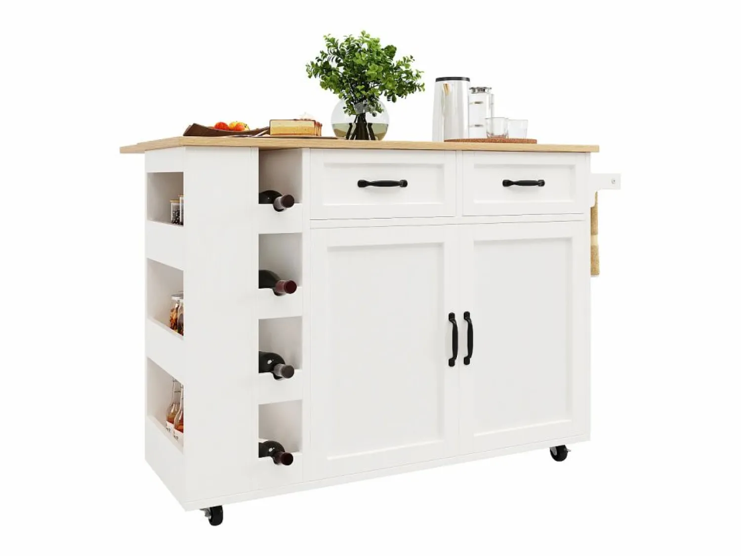 New Merax Isla de cocina móvil con 2 puertas, 2 cajones y 4 botelleros - Tablero extensible - 131,5x43(76)x90,7cm - MDF - y natural Blanco