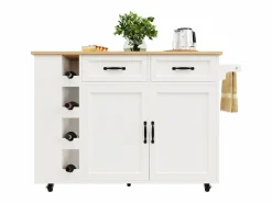 New Merax Isla de cocina móvil con 2 puertas, 2 cajones y 4 botelleros - Tablero extensible - 131,5x43(76)x90,7cm - MDF - y natural Blanco