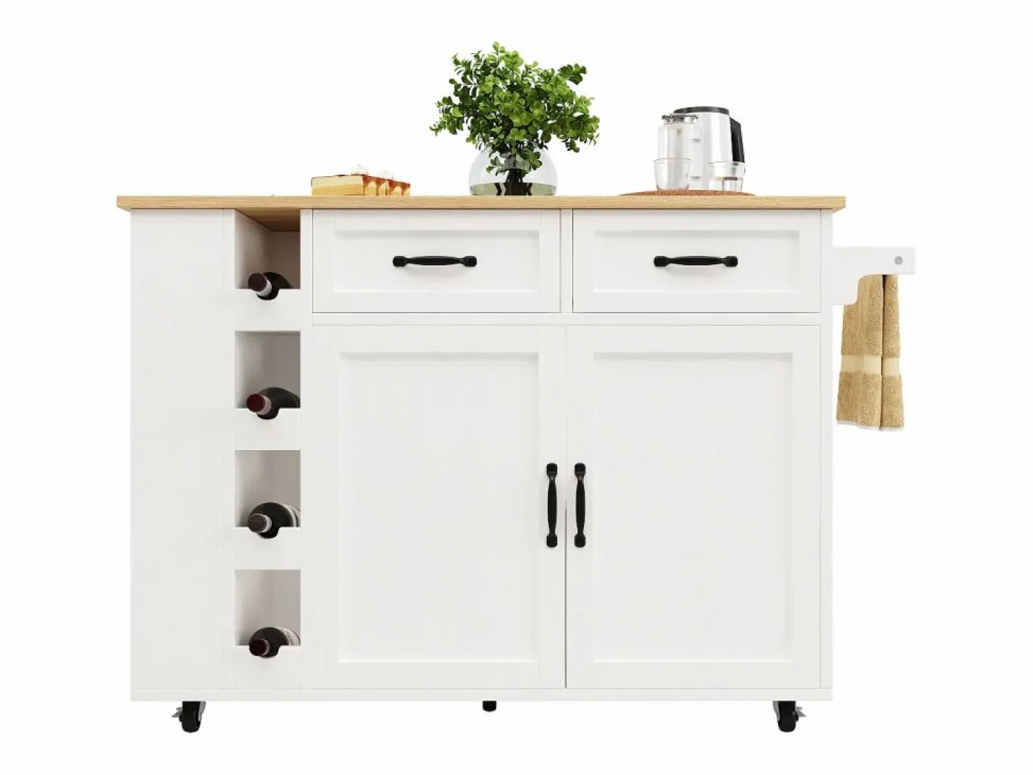 New Merax Isla de cocina móvil con 2 puertas, 2 cajones y 4 botelleros - Tablero extensible - 131,5x43(76)x90,7cm - MDF - y natural Blanco