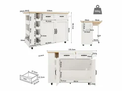 New Merax Isla de cocina móvil con 2 puertas, 2 cajones y 4 botelleros - Tablero extensible - 131,5x43(76)x90,7cm - MDF - y natural Blanco