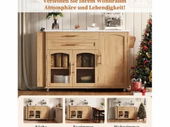 New Merax Isla de cocina móvil con encimera abatible - 138 x 45 (70) x 90 cm - con estante + 2 cajones + 3 puertas - MDF - natural Color natural claro