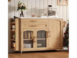 New Merax Isla de cocina móvil con encimera abatible - 138 x 45 (70) x 90 cm - con estante + 2 cajones + 3 puertas - MDF - natural Color natural claro