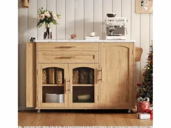 New Merax Isla de cocina móvil con encimera abatible - 138 x 45 (70) x 90 cm - con estante + 2 cajones + 3 puertas - MDF - natural Color natural claro