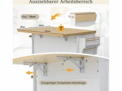 Merax Isla de cocina móvil con mesa de comedor extensible - 100 x 42/70 x 91,5 cm - con puertas + 3 cajones - MDF - + natural