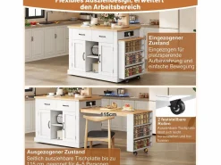 New Merax Isla de cocina móvil con mesa extensible - 132/235 x 60 x 93 cm - mesa de bar con estantes + puertas + cajón - MDF - Blanco