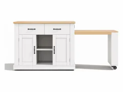 New Merax Isla de cocina móvil con mesa extensible - 132/235 x 60 x 93 cm - mesa de bar con estantes + puertas + cajón - MDF - Blanco