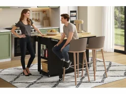 Merax Isla de cocina móvil extensible - 120 x 50/77 x 91,5 cm - con barra + tomas de corriente + 2 cajones + 2 puertas - MDF - + natural