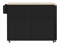 Isla de cocina móvil negra - Carrito de cocina con 4 puertas y 2 cajones - tablero de madera extensible y especiero
