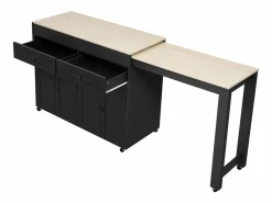 Isla de cocina móvil negra - Carrito de cocina con 4 puertas y 2 cajones - tablero de madera extensible y especiero