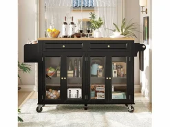 Best Isla de cocina negra - Carrito de cocina con 2 cajones y 4 puertas de cristal - especiero y toallero Isla Cocina