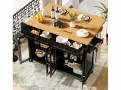 Best Isla de cocina negra - Carrito de cocina con 2 cajones y 4 puertas de cristal - especiero y toallero Isla Cocina