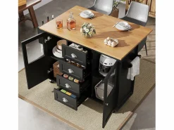 OKWISH Isla de cocina negra, isla de cocina móvil con 2 puertas y 4 cajones, encimera abatible - tiradores plateados