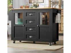 OKWISH Isla de cocina negra, isla de cocina móvil con 2 puertas y 4 cajones, encimera abatible - tiradores plateados