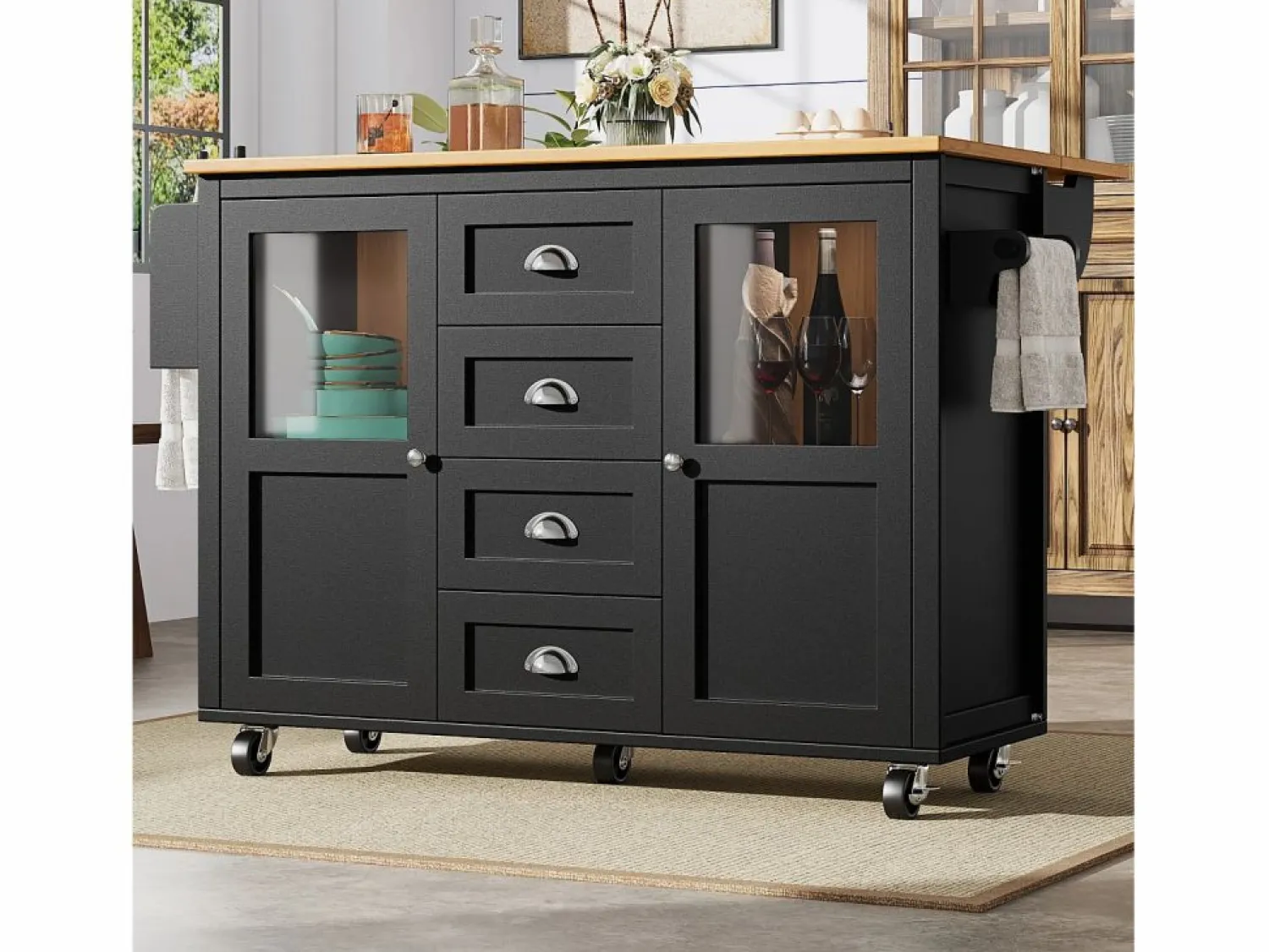 OKWISH Isla de cocina negra, isla de cocina móvil con 2 puertas y 4 cajones, encimera abatible - tiradores plateados