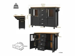 OKWISH Isla de cocina negra, isla de cocina móvil con 2 puertas y 4 cajones, encimera abatible - tiradores plateados