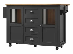 OKWISH Isla de cocina negra, isla de cocina móvil con 2 puertas y 4 cajones, encimera abatible - tiradores plateados