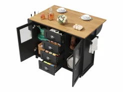 OKWISH Isla de cocina negra, isla de cocina móvil con 2 puertas y 4 cajones, encimera abatible - tiradores plateados