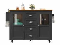 OKWISH Isla de cocina negra, isla de cocina móvil con 2 puertas y 4 cajones, encimera abatible - tiradores plateados