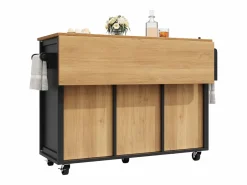 OKWISH Isla de cocina negra, isla de cocina móvil con 2 puertas y 4 cajones, encimera abatible - tiradores plateados