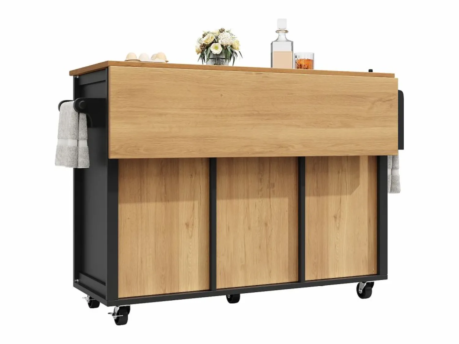 OKWISH Isla de cocina negra, isla de cocina móvil con 2 puertas y 4 cajones, encimera abatible - tiradores plateados
