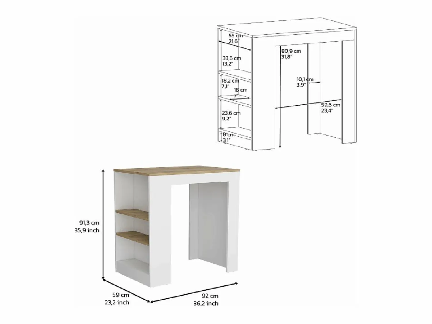 TuHome Isla de cocina Portree en melamina 3 estantes y almacenamiento abierto , 91.28 cm X 92 cm X 59 cm ,