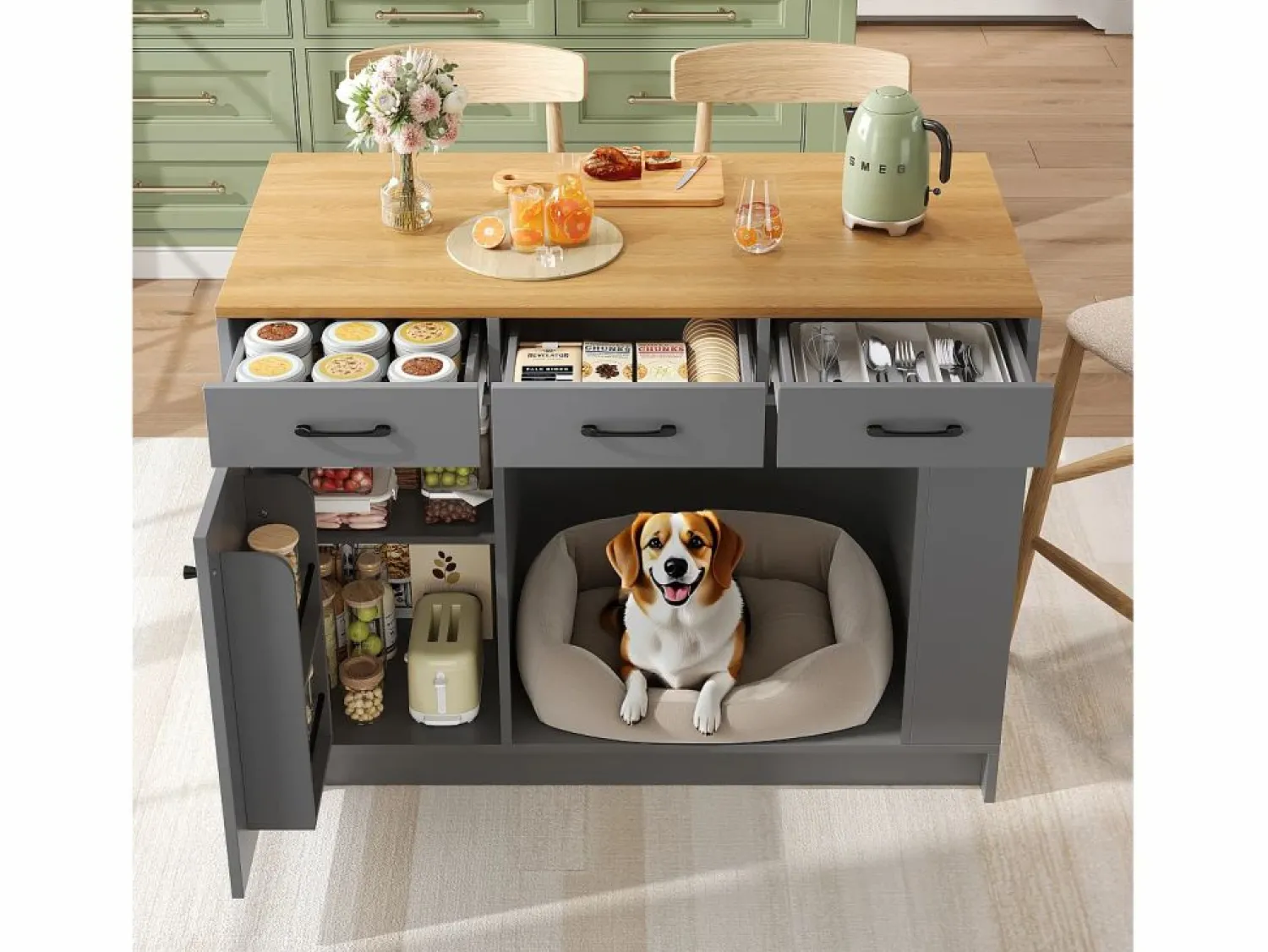 Sale ModernLuxe Isla de cocina 120x60x90 cm - con 3 cajones y 1 puerta - estantes abiertos - espacio de descanso para mascotas - +natural Gris