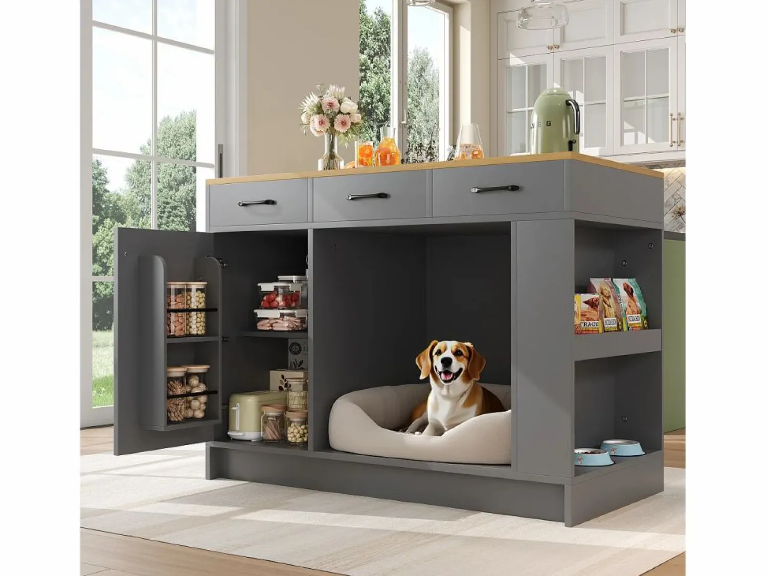 Sale ModernLuxe Isla de cocina 120x60x90 cm - con 3 cajones y 1 puerta - estantes abiertos - espacio de descanso para mascotas - +natural Gris