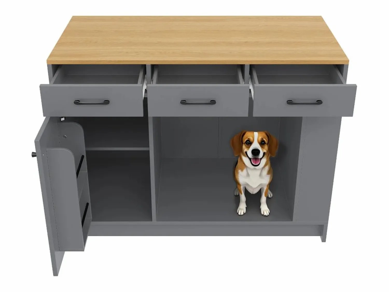 Sale ModernLuxe Isla de cocina 120x60x90 cm - con 3 cajones y 1 puerta - estantes abiertos - espacio de descanso para mascotas - +natural Gris