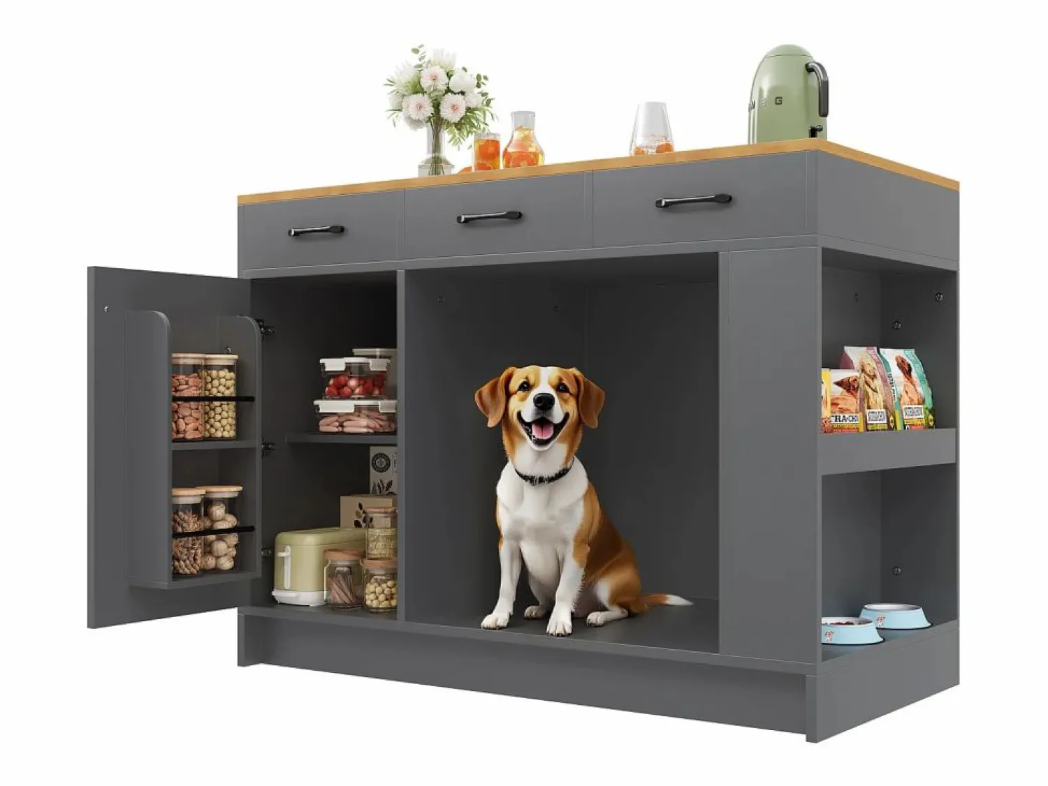 Sale ModernLuxe Isla de cocina 120x60x90 cm - con 3 cajones y 1 puerta - estantes abiertos - espacio de descanso para mascotas - +natural Gris
