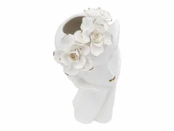 Hot Jarrón de cerámica blanca con cara de mujer 16,5x14x27,3 cm Blanco