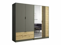 Discount Meublorama Juego completo de dormitorio IZO: Armario, cama 160x200, cómoda, mesitas de noche, roble/gris antracita Marru00f3n