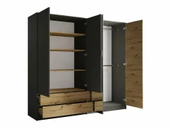 Discount Meublorama Juego completo de dormitorio IZO: Armario, cama 160x200, cómoda, mesitas de noche, roble/gris antracita Marru00f3n