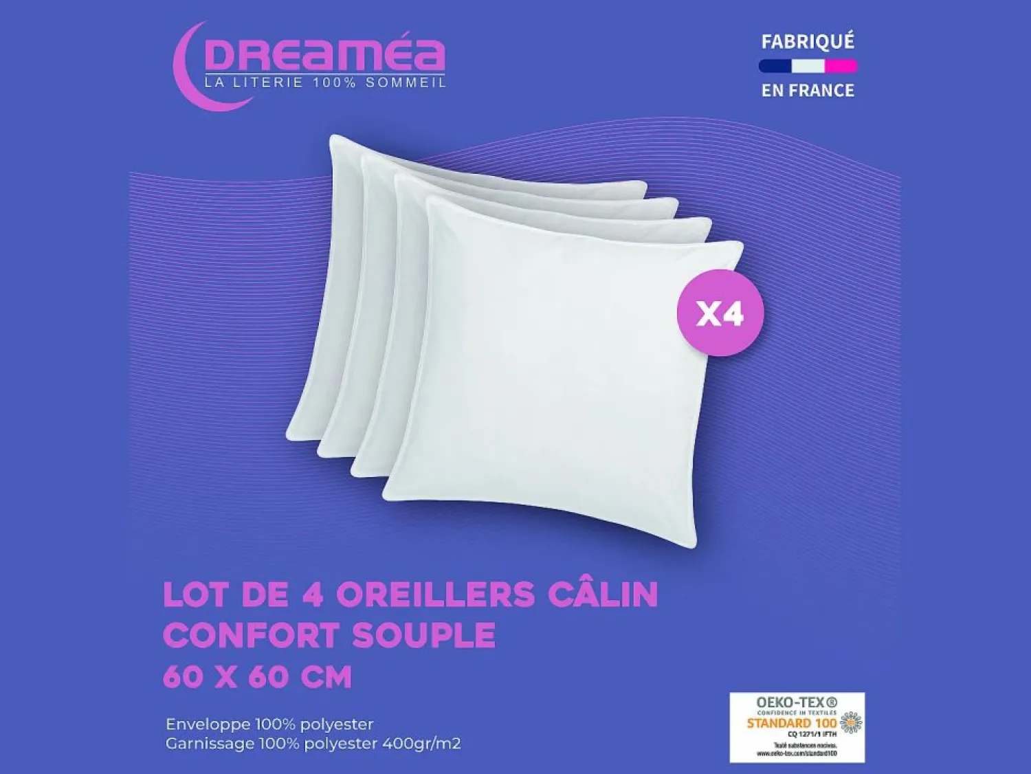 Hot Juego de 4 almohadas câlin Oekotex - 400 gr - - 60 x 60 cm - TORIVIA Almohada