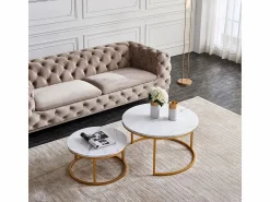 Hot Juego de 2 mesas de centro nido modernas de mármol y metal dorado para sala de estar y dormitorio. Blanco