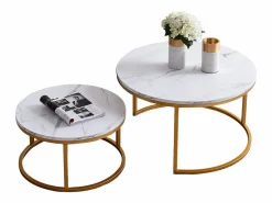 Hot Juego de 2 mesas de centro nido modernas de mármol y metal dorado para sala de estar y dormitorio. Blanco
