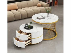 New Juego de 2 mesas de centro nido redondas con 2 cajones - 60x60x46cm + 50x50x30,8cm - Motivo mármol - Madera MDF y metal - Blanco + dorado Mesa De Centro