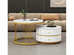 New Juego de 2 mesas de centro nido redondas con 2 cajones - 60x60x46cm + 50x50x30,8cm - Motivo mármol - Madera MDF y metal - Blanco + dorado Mesa De Centro