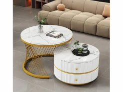 New Juego de 2 mesas de centro nido redondas con 2 cajones - 60x60x46cm + 50x50x30,8cm - Motivo mármol - Madera MDF y metal - Blanco + dorado Mesa De Centro