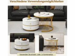 New Juego de 2 mesas de centro nido redondas con 2 cajones - 60x60x46cm + 50x50x30,8cm - Motivo mármol - Madera MDF y metal - Blanco + dorado Mesa De Centro
