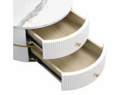 New Juego de 2 mesas de centro nido redondas con 2 cajones - 60x60x46cm + 50x50x30,8cm - Motivo mármol - Madera MDF y metal - Blanco + dorado Mesa De Centro