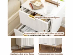 Juego de 2 mesitas de noche, mesitas auxiliares con 2 cajones, mesita de noche moderna blanca con patas doradas, color