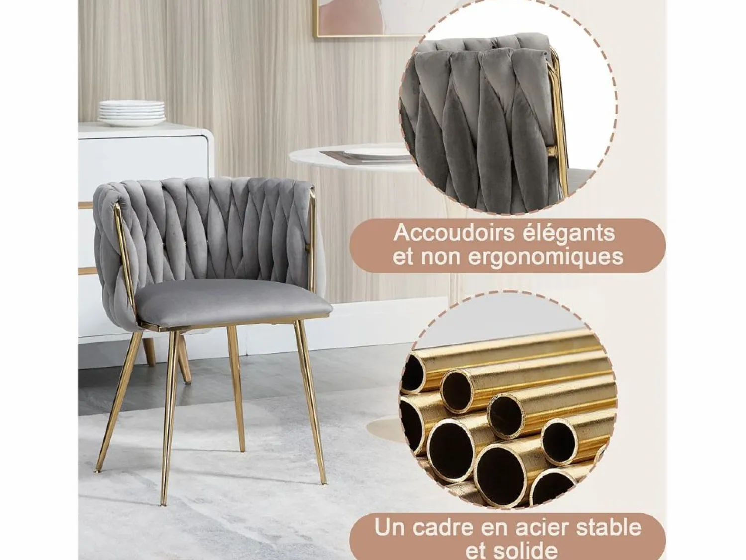 Sale Juego de 2 Sillas con Respaldo de Concha y Bastidor Trenzado, Patas Doradas - Gris - Elegancia Bohemia Negro
