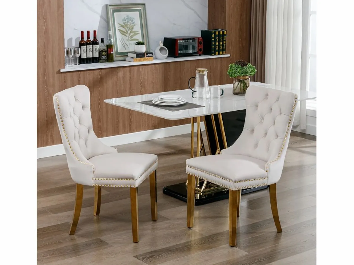 OKWISH Juego de 2 sillas de comedor en terciopelo con respaldo acolchado y patas de metal dorado