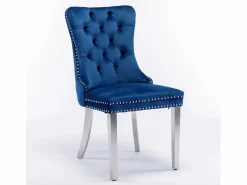 Juego de 2 sillas de comedor - Sillas con respaldo acolchado y patas de acero inoxidable plateadas - con ribete tachonado - terciopelo azul Sillas Y Lotes De Sillas