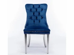 Juego de 2 sillas de comedor - Sillas con respaldo acolchado y patas de acero inoxidable plateadas - con ribete tachonado - terciopelo azul Sillas Y Lotes De Sillas